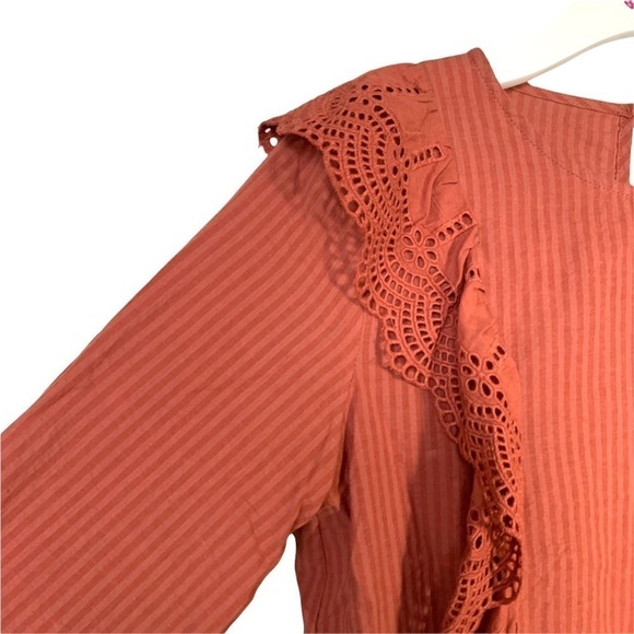 She + Sky Orange Boho Ruffle Eyelet Stripe Blouse Size Small Boho Chic - Picture 5 of 17